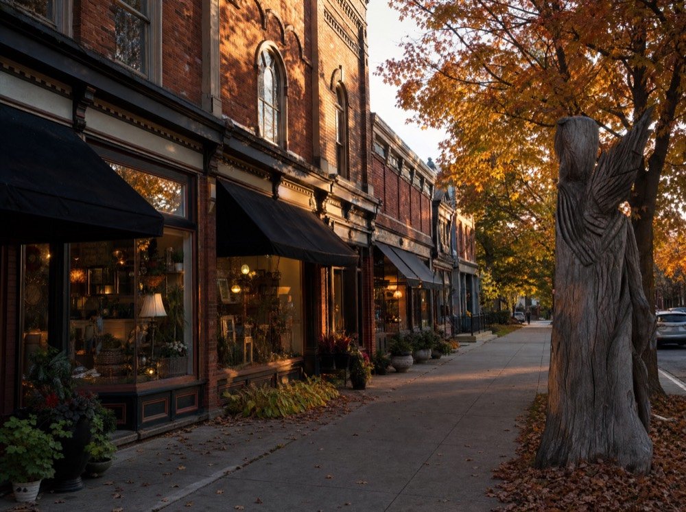 Red-brick storefronts on a small-town main street in autumn, with a carved tree sculpture on the boulevard