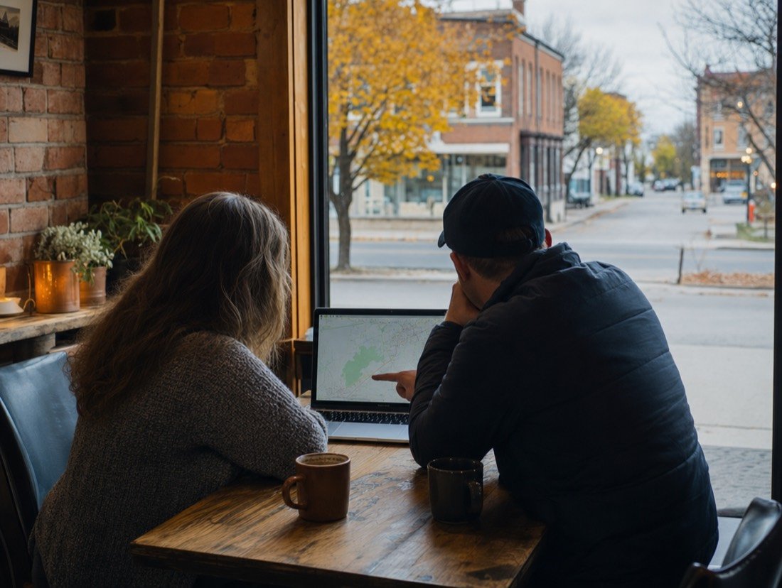 Two people planning Orangeville SEO work over a laptop map in a red-brick café overlooking a main street