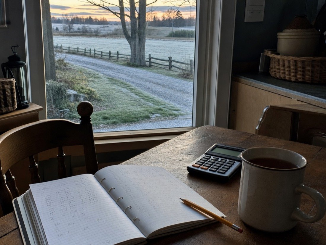 SEO pricing figures jotted by hand beside a calculator and tea on a farmhouse table by a frosty window