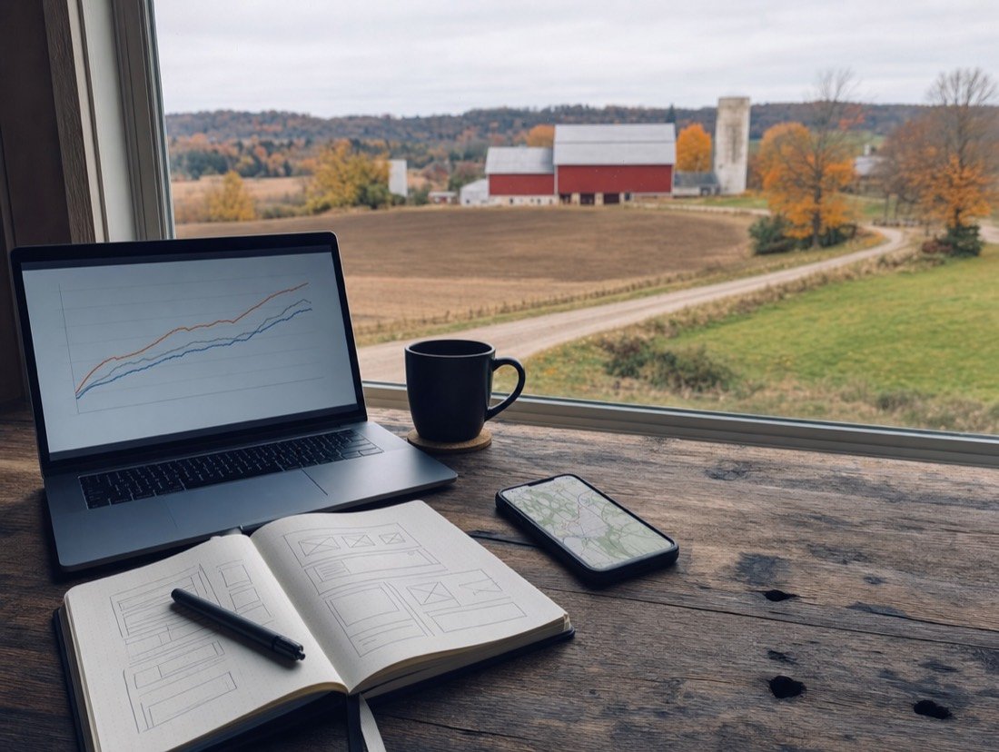 A laptop, phone map and notebook of sketches on a desk overlooking farm fields and a red barn