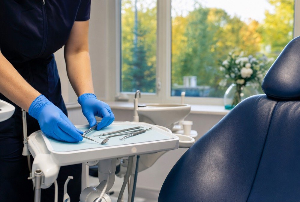 Gloved hands of a dentist laying out instruments on a tray, ready for the next appointment