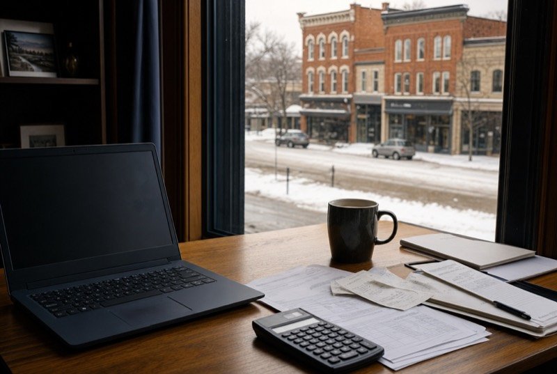 A tidy desk with a laptop, calculator and papers beside a snowy street view