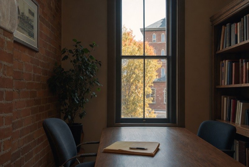 A quiet law office meeting room with a sash window and bookshelves, the kind of firm we do SEO for