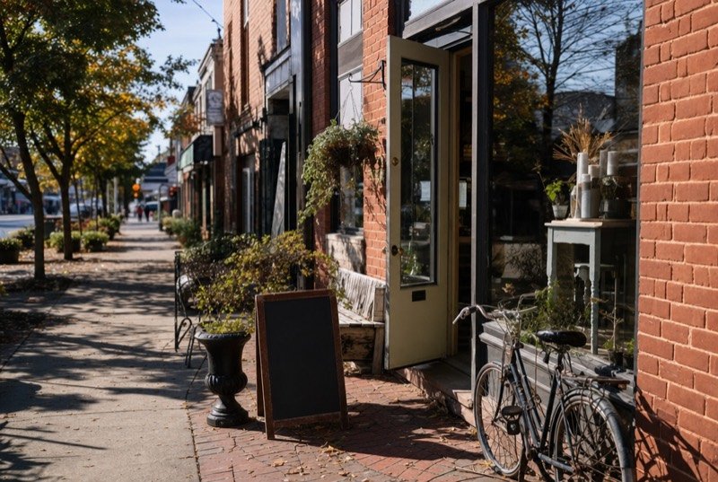 An independent shopfront set in a red-brick heritage building on a small-town main street