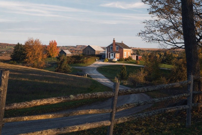 A red-brick farmhouse and bank barn among rolling fields in October