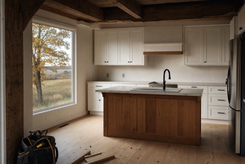 A newly renovated farmhouse kitchen with white cabinets and original beams