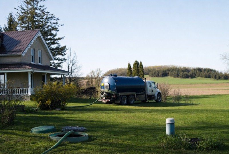 A septic service truck on the lawn of a rural farmhouse, a trade where SEO has to reach township homes