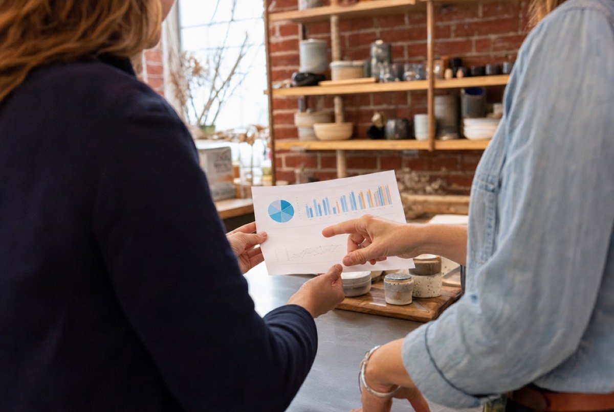 A shop owner and an advisor going over a one-page report at a counter in a red-brick store