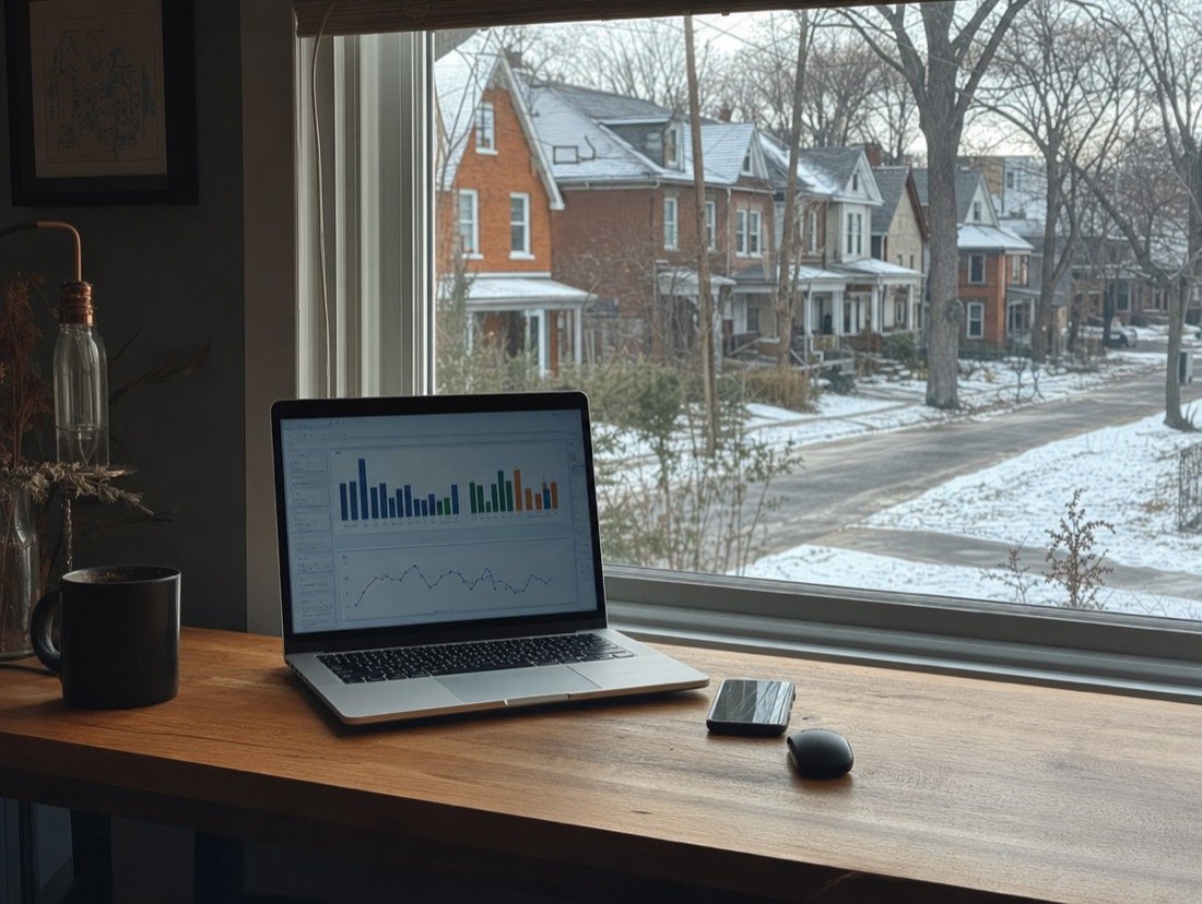 A laptop with advertising charts by a window onto a snowy street of older brick homes