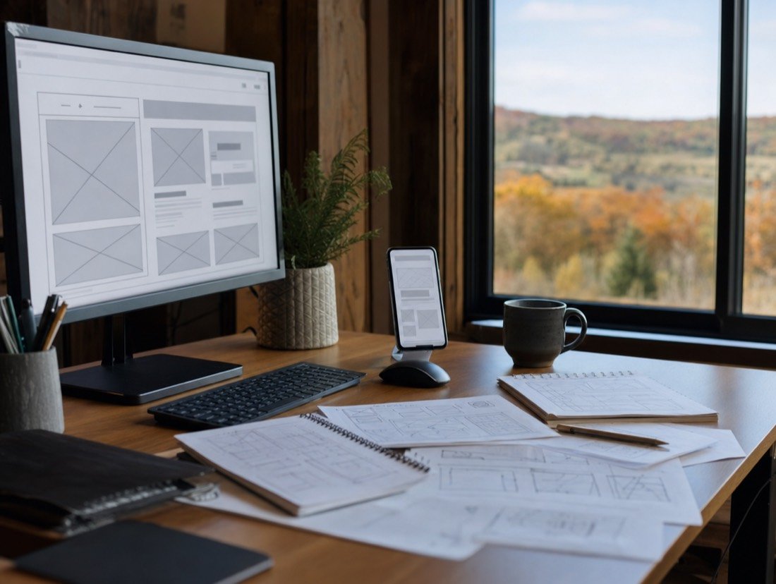 A website wireframe on a monitor and phone, with printed page sketches on the desk