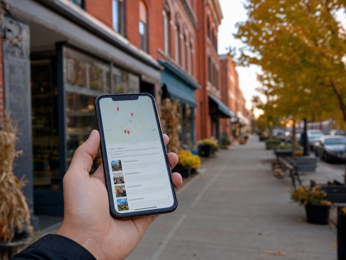 A phone showing local map results in front of red-brick storefronts in autumn