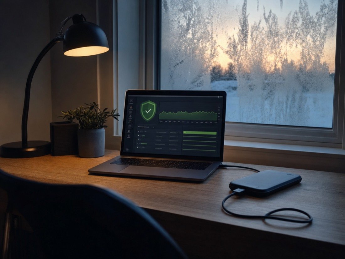 Website health dashboard open on a laptop at dawn, a backup drive plugged in beside it