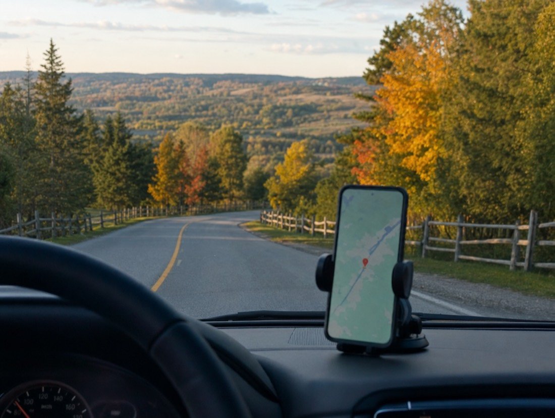 A phone navigation map with a red pin, mounted in a car on a country road through fall colour