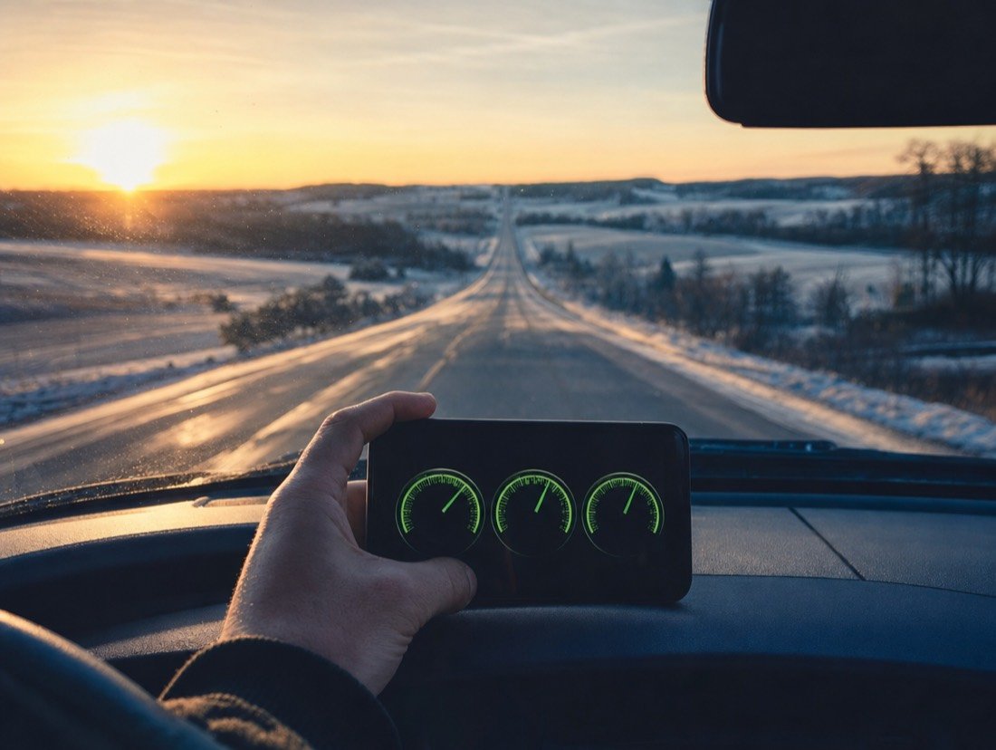 A phone showing three green speed gauges with a rural highway and snowy fields ahead